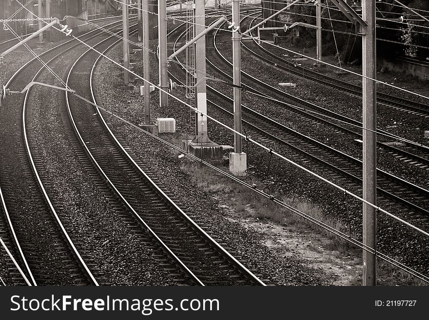 Busy railway line infrastructure in black and white. Busy railway line infrastructure in black and white