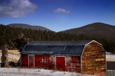 Old Red American Barn In Snow Stock Photo Old Red American Barn In Snow Stock Photo