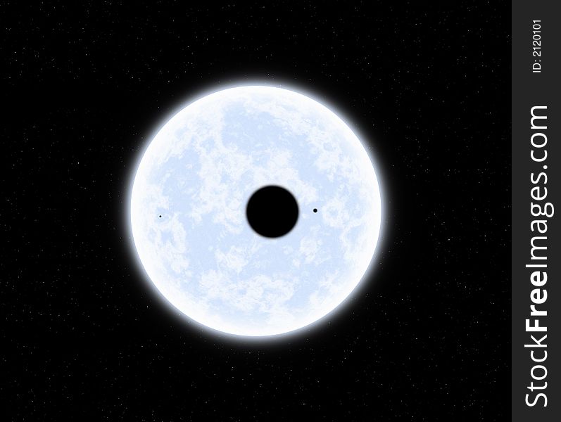 This hires illustration is a theoric reconstruction of a planet with moons durng transit over on a giant blue star. This hires illustration is a theoric reconstruction of a planet with moons durng transit over on a giant blue star