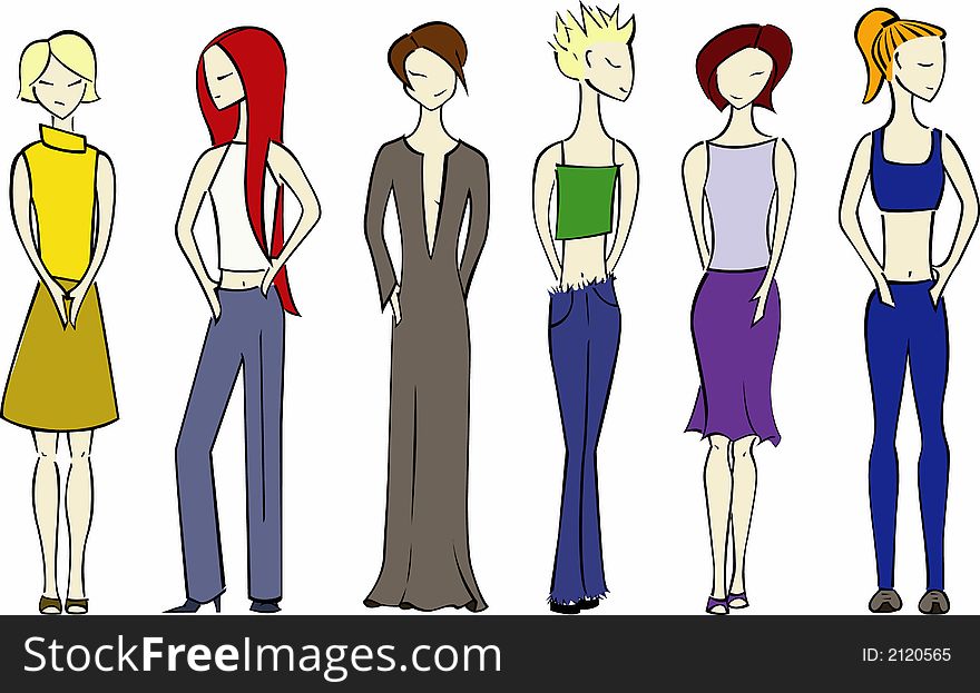 An Illustration of 6 women in various outfits. An Illustration of 6 women in various outfits.