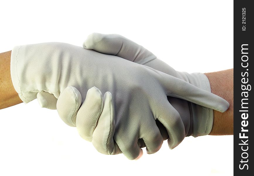 Shaking hands wearing white gloves clean