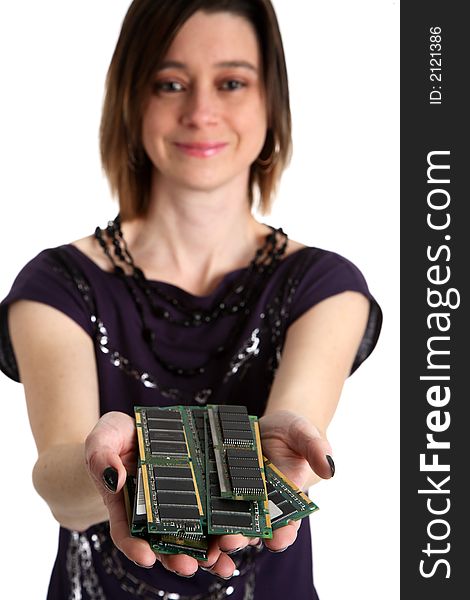 Woman holding a handful of computer memory chips. Woman holding a handful of computer memory chips