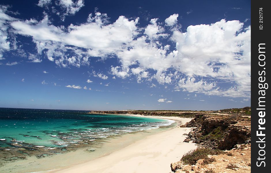 Seascape, with dramatic blue sky and white clouds, horizontal. York Peninsula, South Australia.
