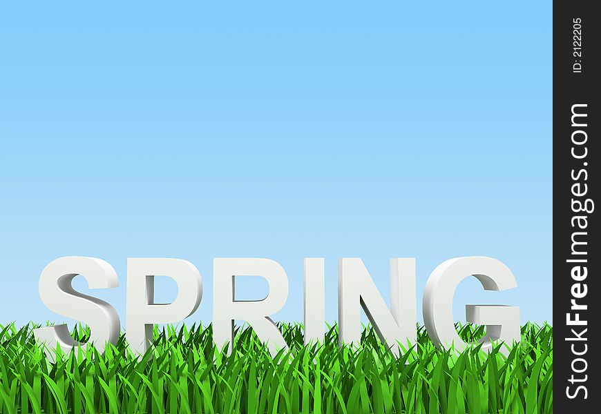 White word spring on herb on turn blue background