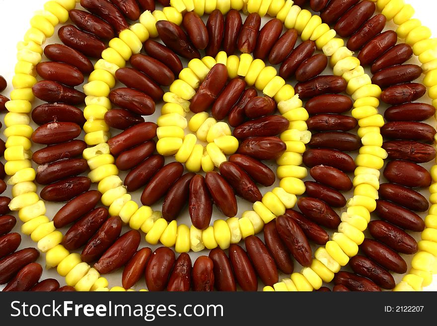 Close up view at spiral made from sweet corn and red beans. Close up view at spiral made from sweet corn and red beans