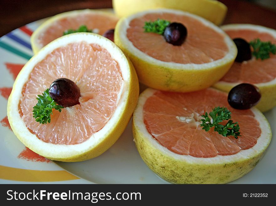 A nice  platter of fresh cut grapefruits