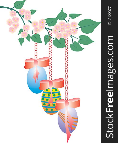 Easter eggs hanging from flowering branch. Easter eggs hanging from flowering branch