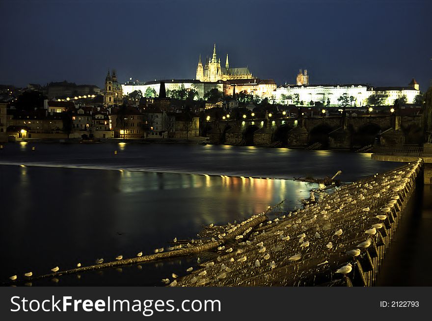 Prague castle night Charles bridge