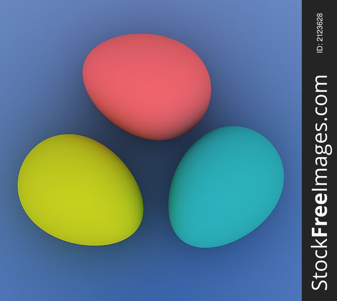 Tree colored eggs on blue background