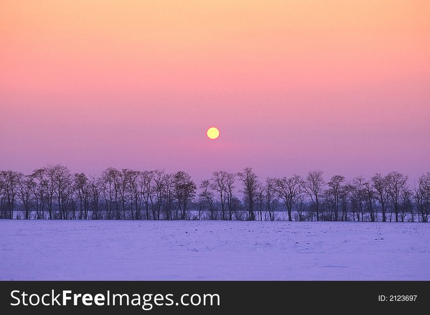Sunset in  winter evening in  steppe zone