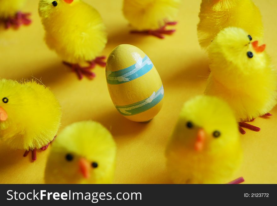 Easter chicks and one easter egg. Easter chicks and one easter egg.