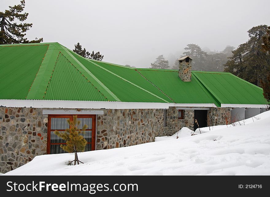 House coverd in snow during winter at Troodos mountains in Cyprus