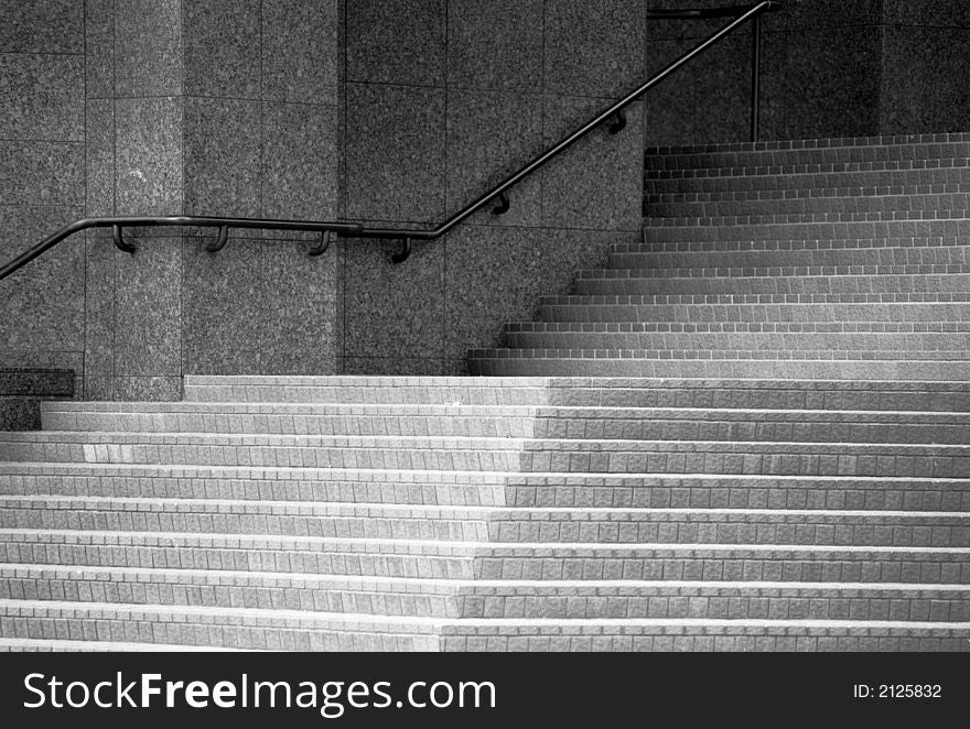 Horizontal black and white image of stone stairways. Horizontal black and white image of stone stairways