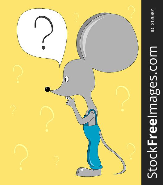 Cute grey mouse in blue trousers with what sign-vector illustration