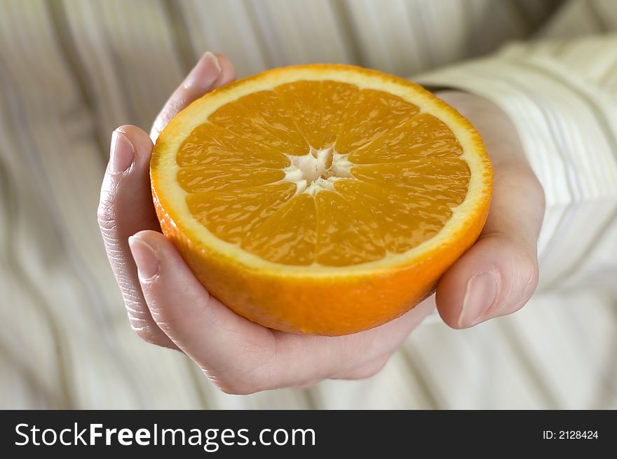 Hand holding fresh orange close up shoot