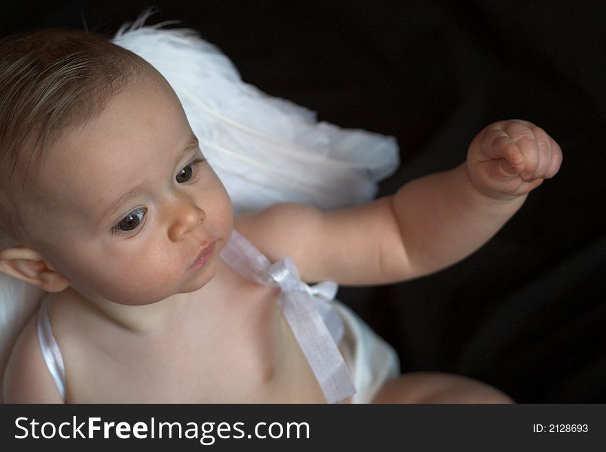 Image of beautiful baby wearing angel wings, sitting in front of a black background. Image of beautiful baby wearing angel wings, sitting in front of a black background