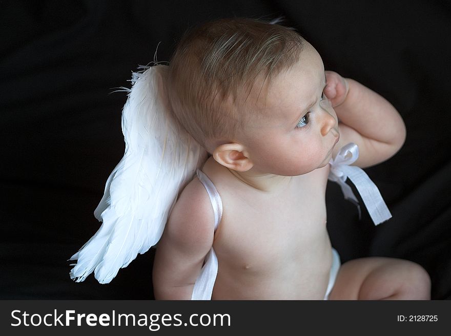 Image of beautiful baby wearing angel wings, sitting in front of a black background. Image of beautiful baby wearing angel wings, sitting in front of a black background