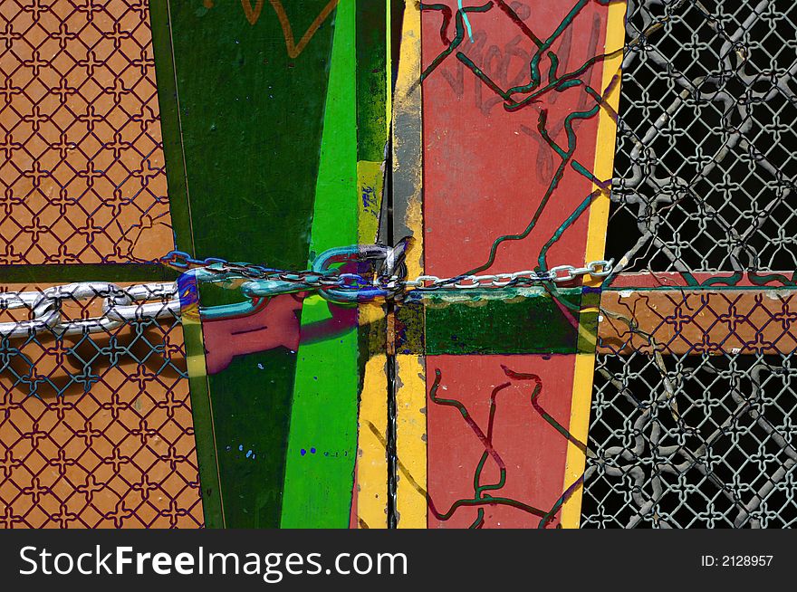 Locked, metal chain across red door