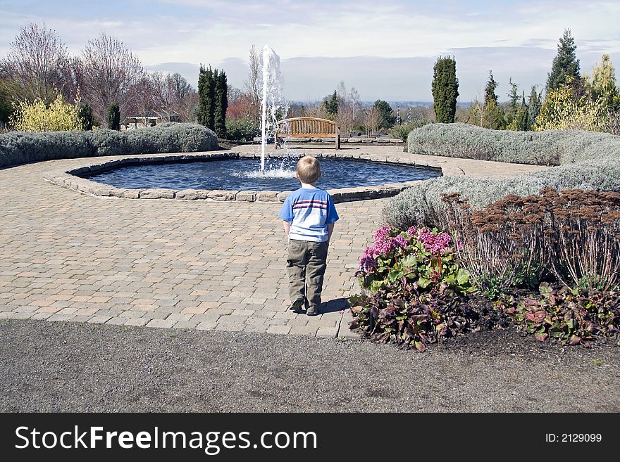 Young boy looking at a water fountain at Oregon Gardens.