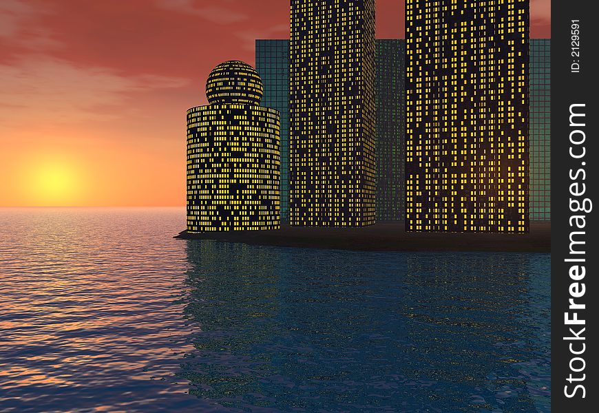 Fantasy city at sunset sea - digital artwork