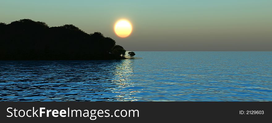 Trees on  a cape with sea sunset - 3d scene. Trees on  a cape with sea sunset - 3d scene.