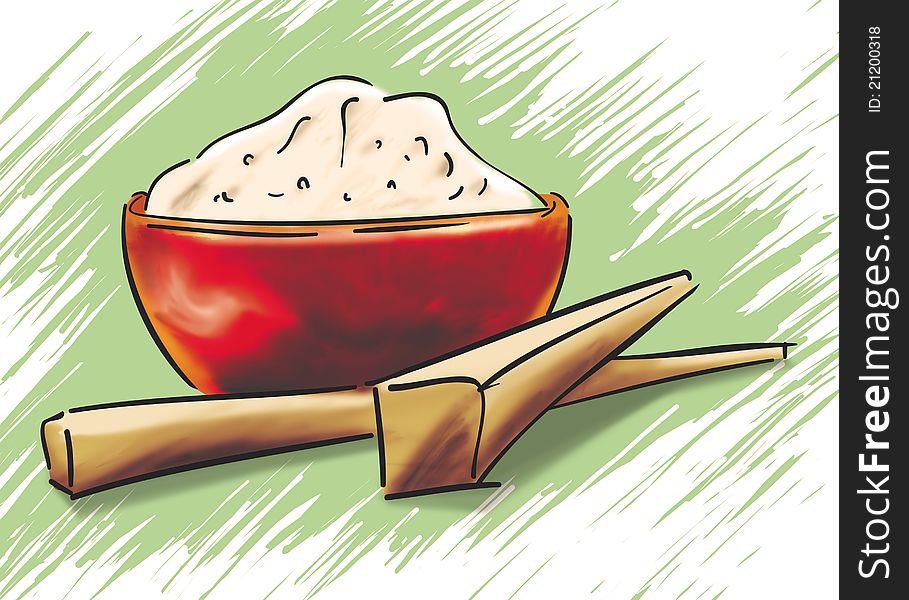 A red bowl of sticky rice and a pair of chopstick. A red bowl of sticky rice and a pair of chopstick