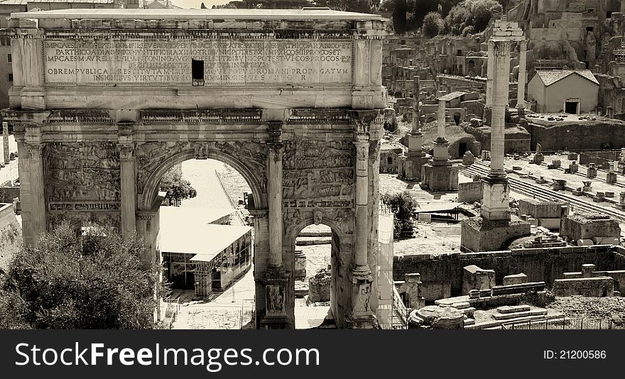 Landscape view of roman forum in Rome, Italy, black / white photo