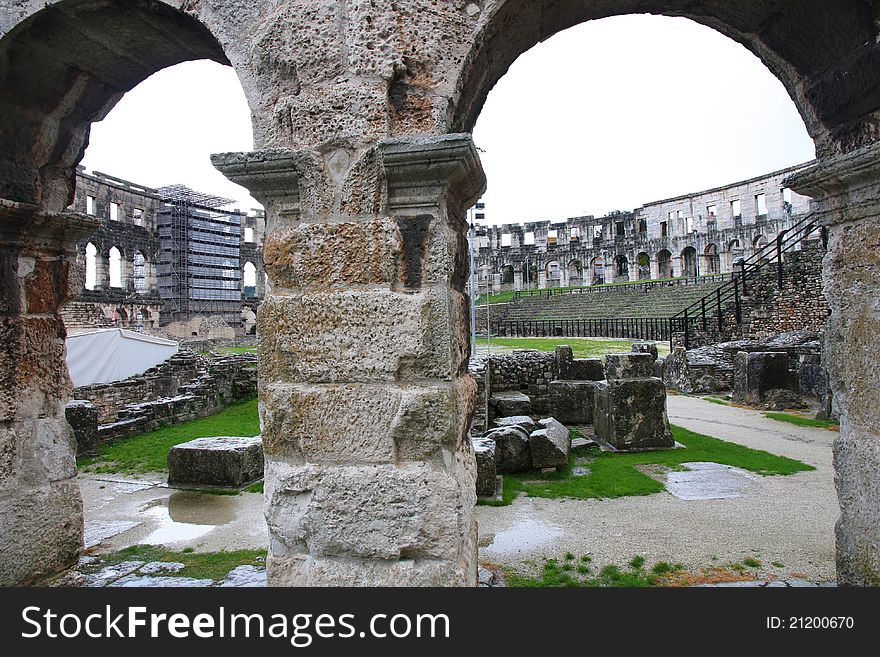 The inside of the ruins of the coloseum in Pula, Croatia