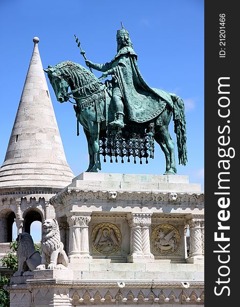 Saint Istvan statue and fisherman's bastion in Budapest, Hungary