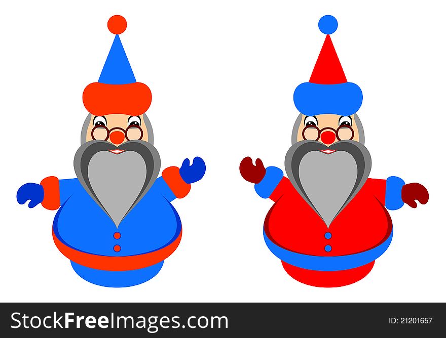 Amusing Santa Claus on a white background. Santa Claus in two variants. In red clothes and in dark blue clothes. Amusing Santa Claus on a white background. Santa Claus in two variants. In red clothes and in dark blue clothes.