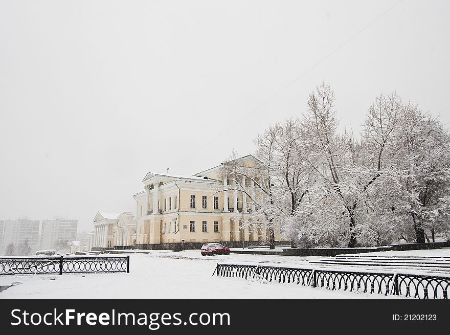 Snowfall in the city, winter tale