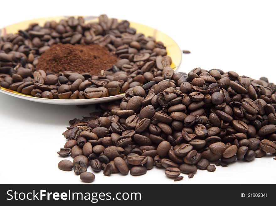 Coffee beans and ground on plate