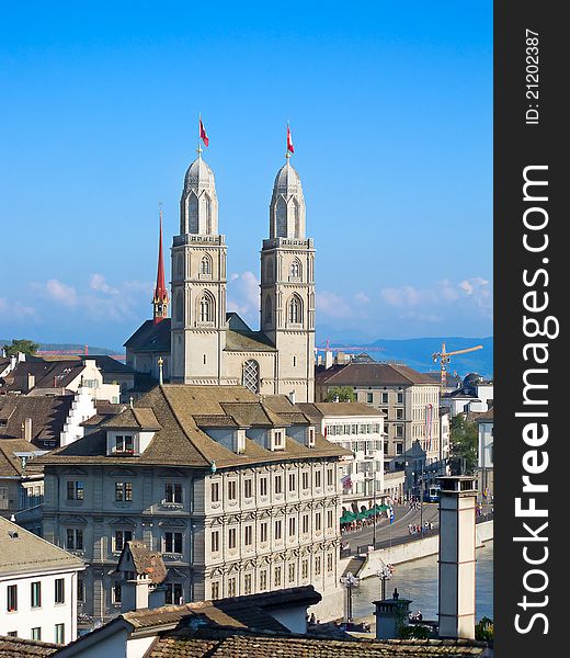 Limmat river and famous Zurich churches. Limmat river and famous Zurich churches