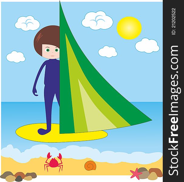 Boy on windsurfing in sea