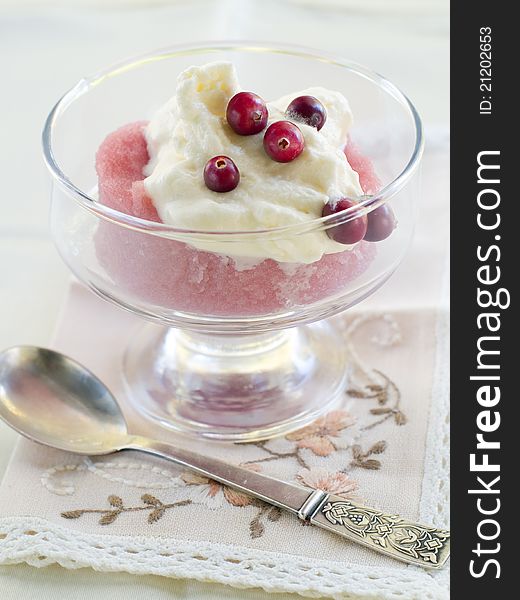 Delicious dessert with sweet cream and fresh berries. Seelctive focus