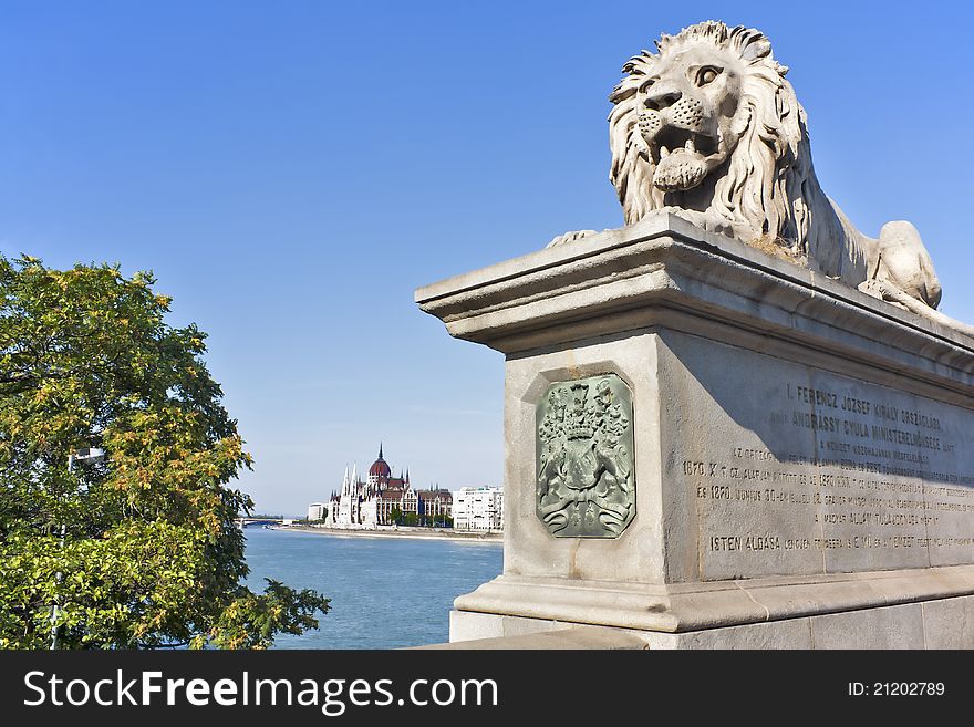 Lion Statue from Lanchid (chain Bridge) protecting Hungarian parliament building on the Blue Danube. Lion Statue from Lanchid (chain Bridge) protecting Hungarian parliament building on the Blue Danube