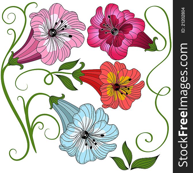 Set decorative isolated colorful flowers on white. Set decorative isolated colorful flowers on white