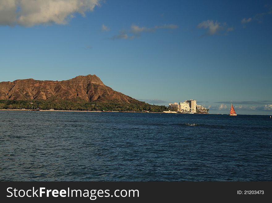 A view of Diamond Head Crater, Waikiki, Oahu, Hawaii from an ocean viewpoint. A view of Diamond Head Crater, Waikiki, Oahu, Hawaii from an ocean viewpoint.