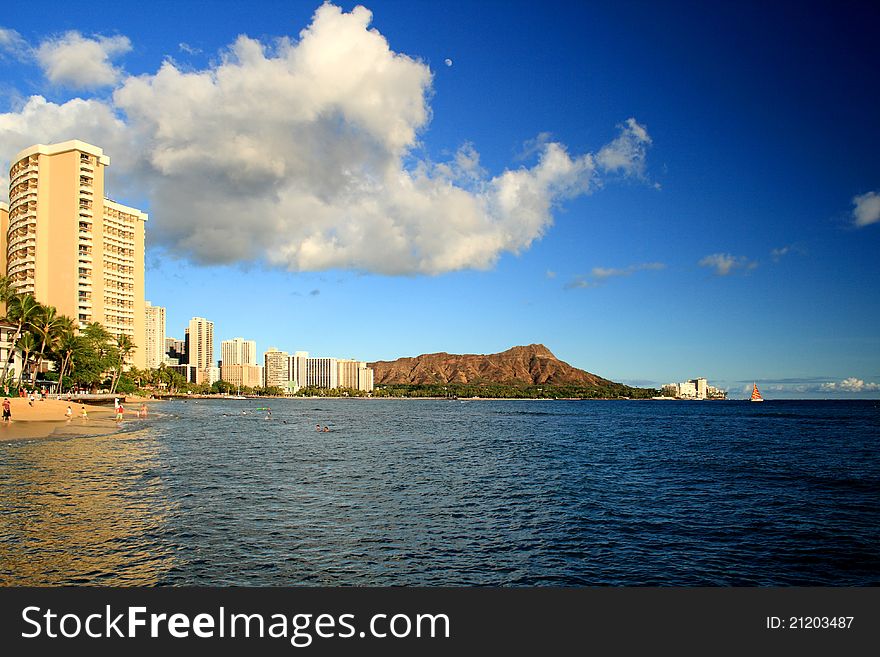 A view of Waikiki and Diamond Head, Oahu, Hawaii from an ocean viewpoint.