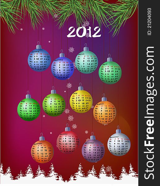 Vector illustration of calendar for year 2012 with month drawn on Christmas decoration balls. Vector illustration of calendar for year 2012 with month drawn on Christmas decoration balls.