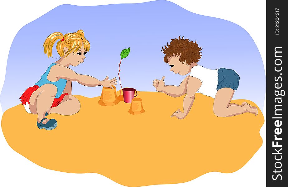 Children play sand on beach. Children play sand on beach