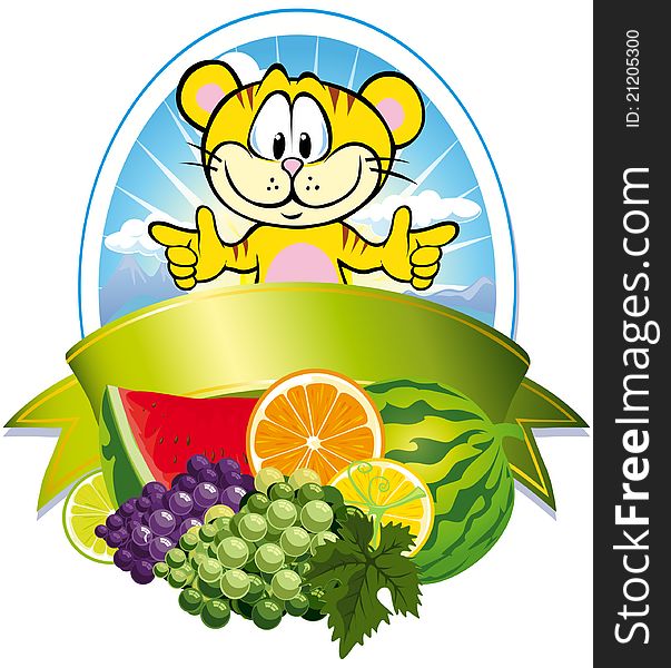 Tiger with fruit and ribbon in oval frame. Tiger with fruit and ribbon in oval frame