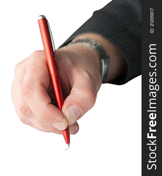 Red pen in hand isolated on a white background