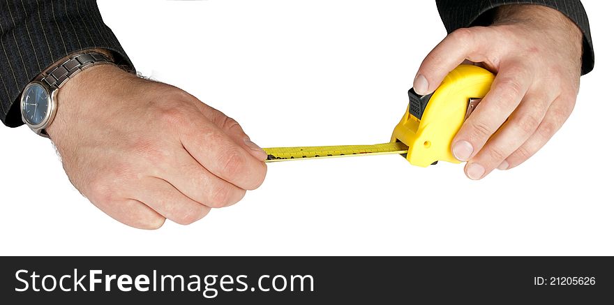 Tape-measured in hand isolated on a white background