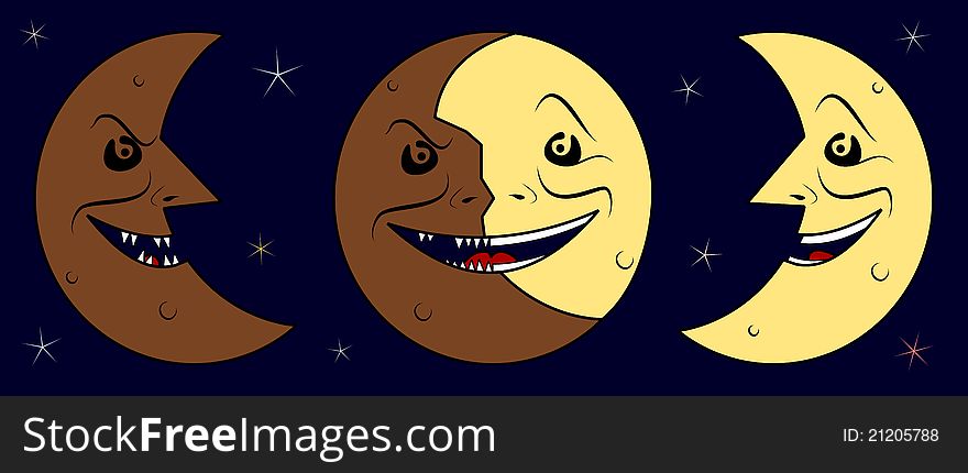 Dark half moon, moon & bright half moon