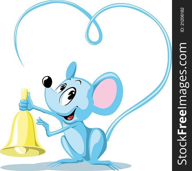 Cute mouse ringing on bell,with tail seems like heart shape on white background isolated