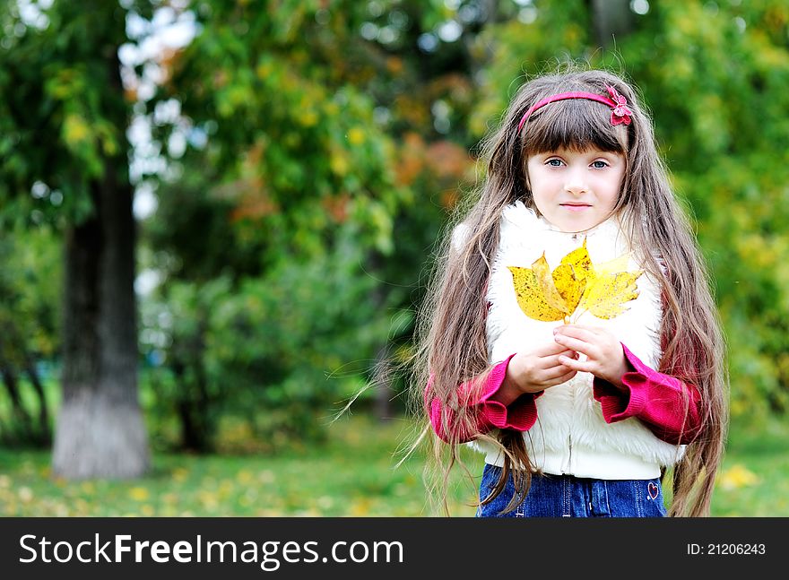 Portrait of cute little girl in autumn forest