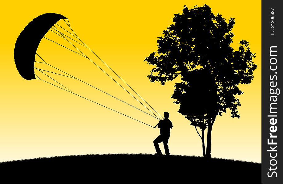 Fully editable vector illustration of a Man Flying Kite on Hill by a Tree. Fully editable vector illustration of a Man Flying Kite on Hill by a Tree.