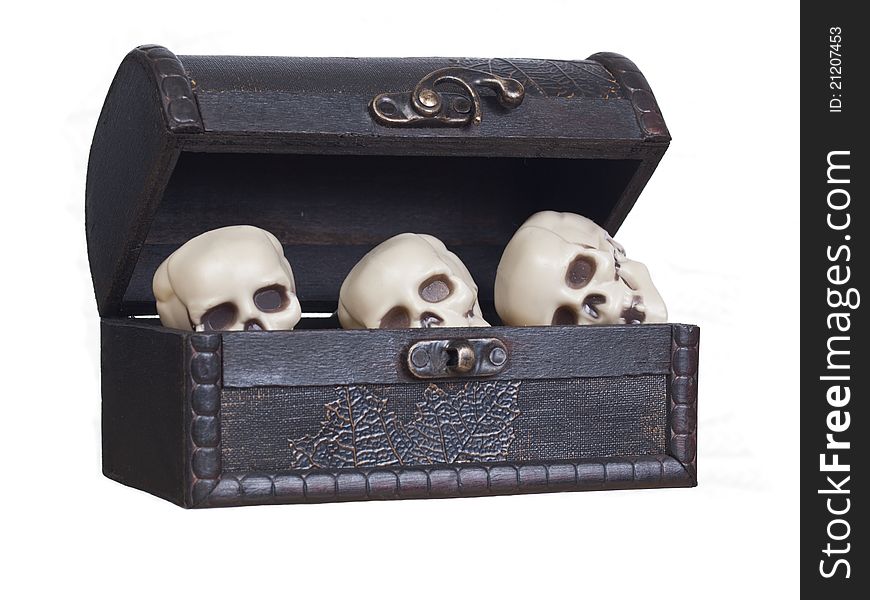 Plastic human skulls in a wooden chest