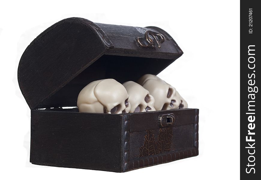 Plastic human skulls in a wooden chest